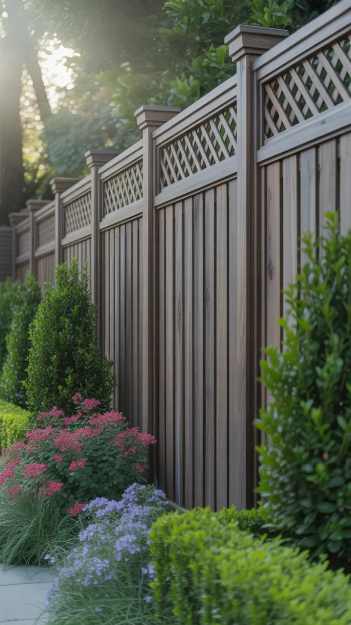Elegant Dark-Lattice Fence Amid Blooming Boxwood
