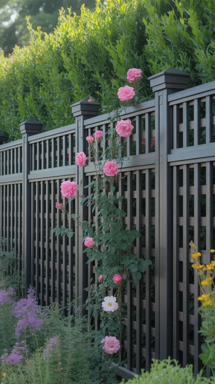 Private Garden Elegance with Lattice, Climbing Roses and Emerald Hedges
