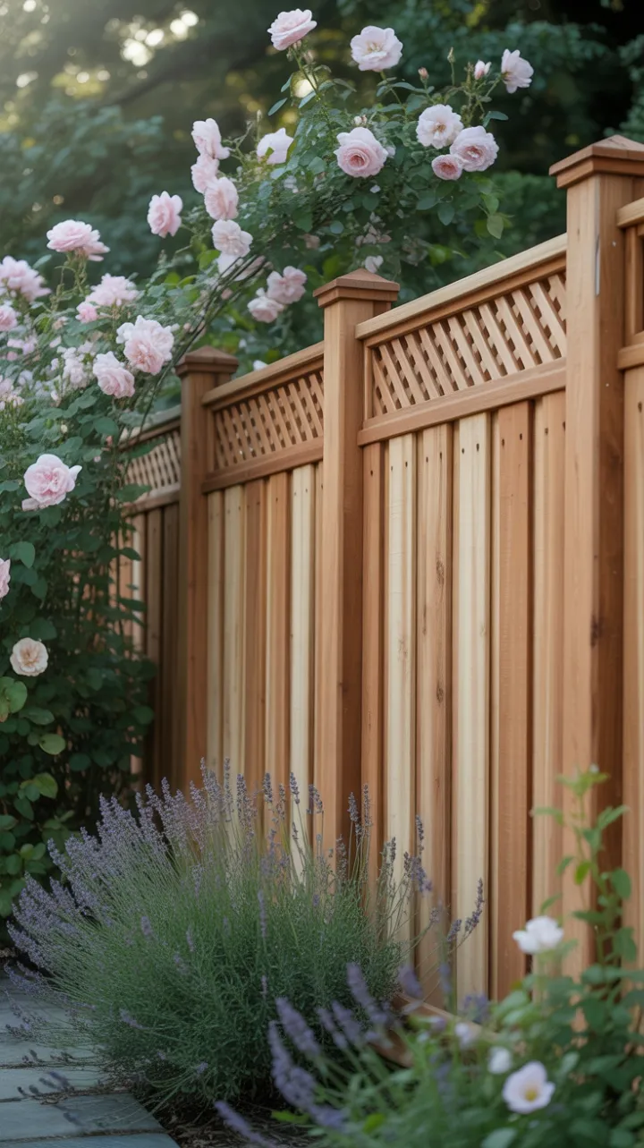 Sunlit Cedar Fence Draped in Climbing Roses and Lavender