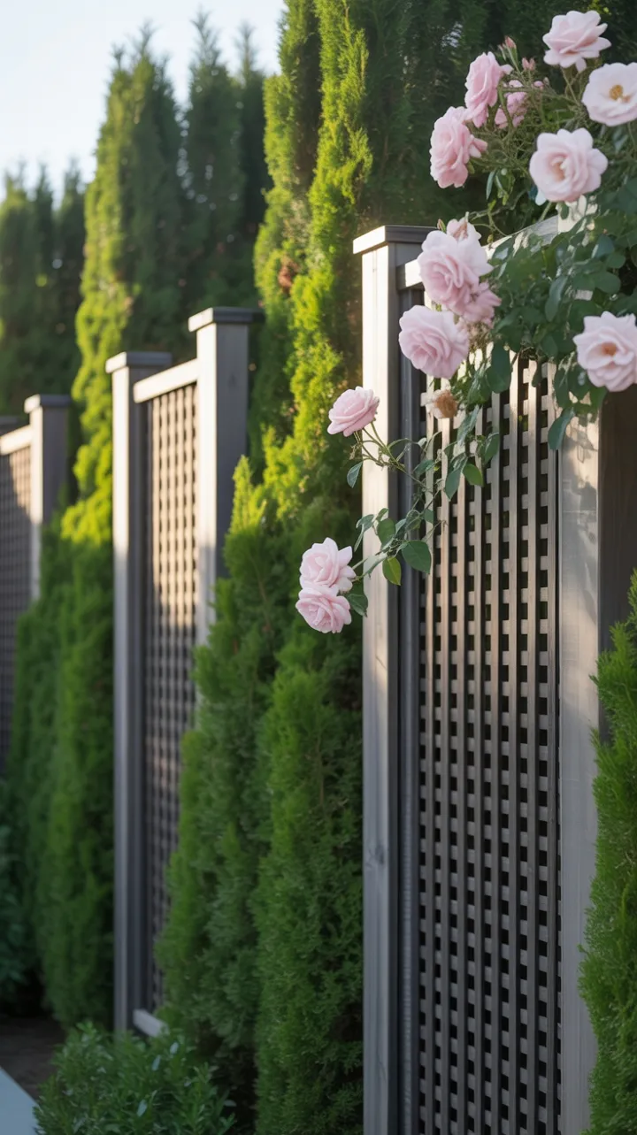 Sunlit Modern Privacy Fence with Cascading Pink Roses