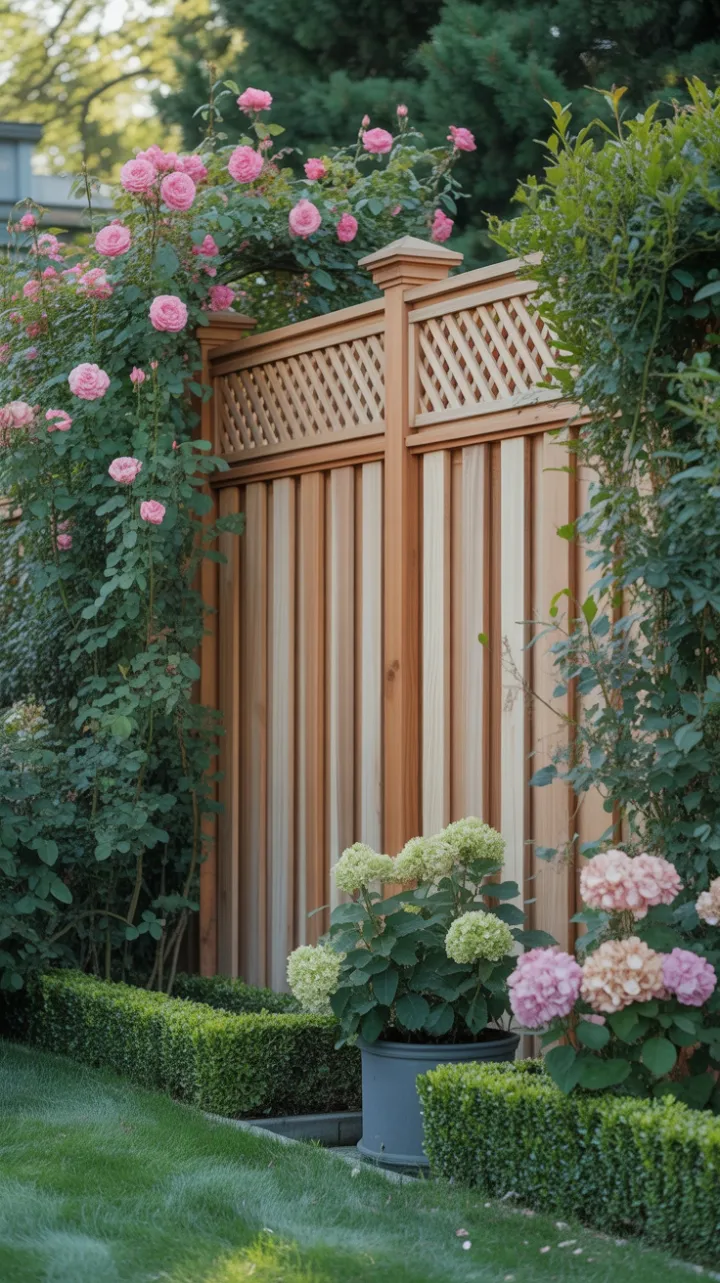 Sunlit Cedar Privacy Garden with Climbing Roses