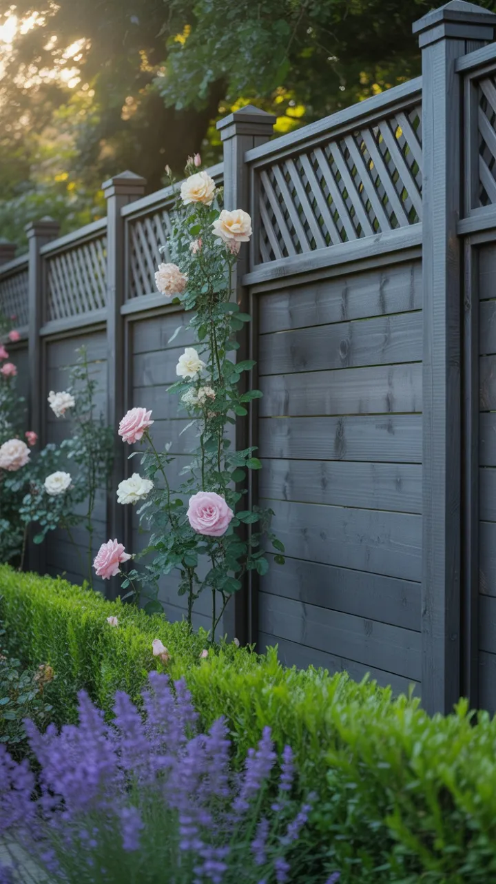 Sunlit Charcoal Fence Draped in Roses and Lavender