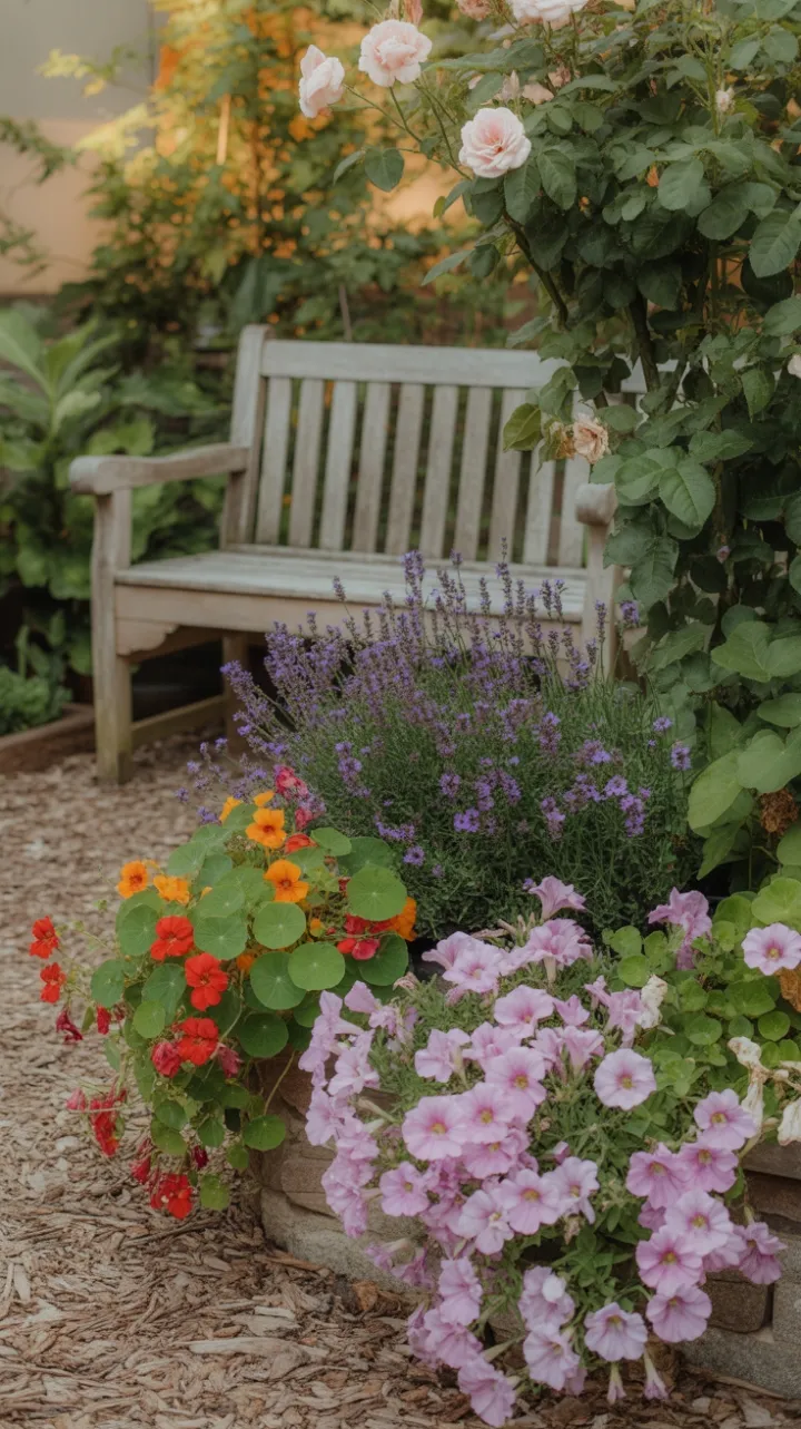 Sunlit Cottage Garden with Lavender, Nasturtiums and Climbing Roses