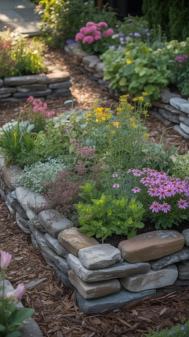 Sunlit Weathered Stone Garden Overflowing with Pink, Purple and Yellow Blooms