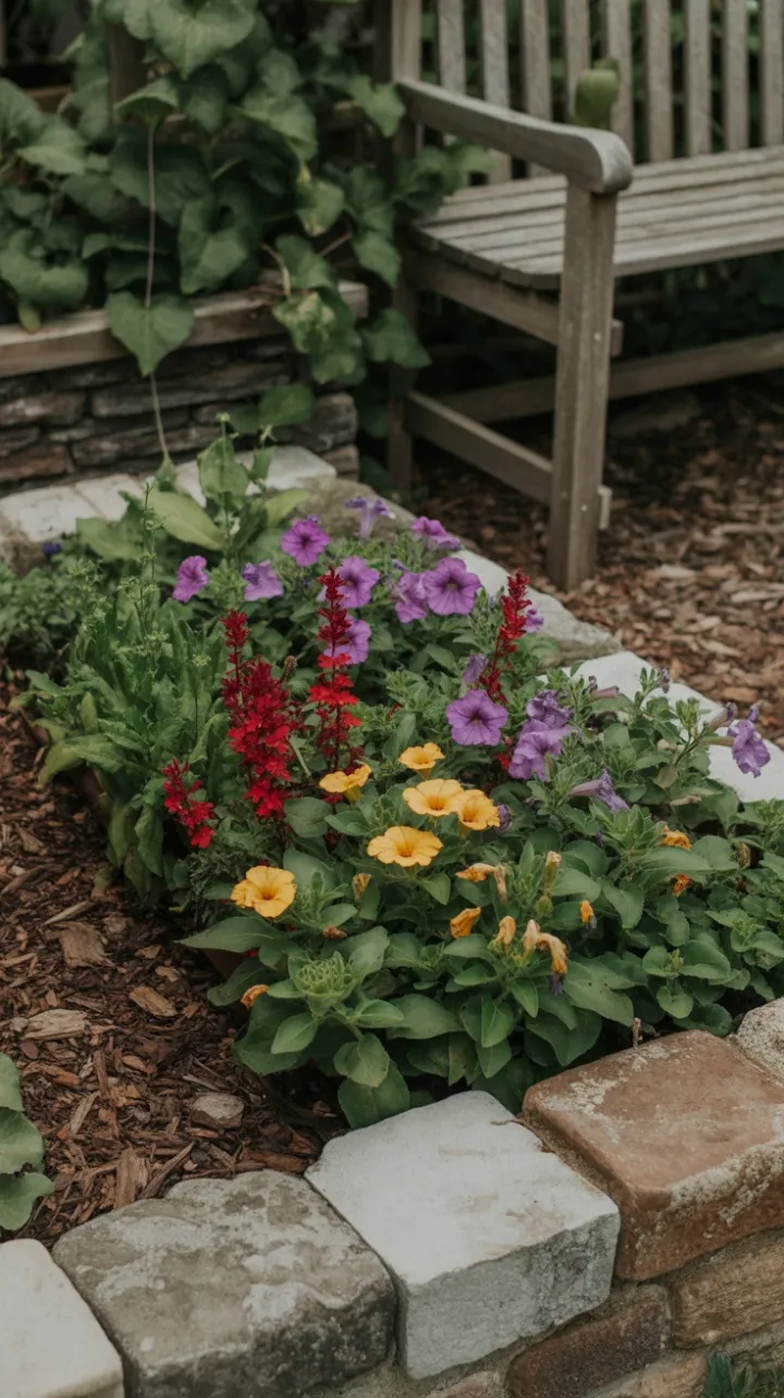 Sunlit Garden Oasis with Overflowing Blooms and Weathered Stone Bench