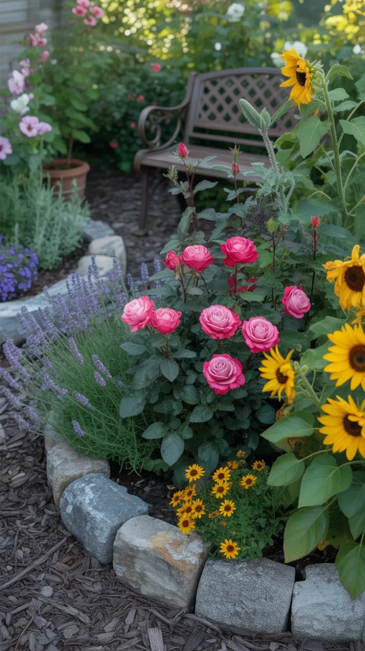 Crimson Roses and Sunflowers in a Sunlit Stone‑Bordered Garden