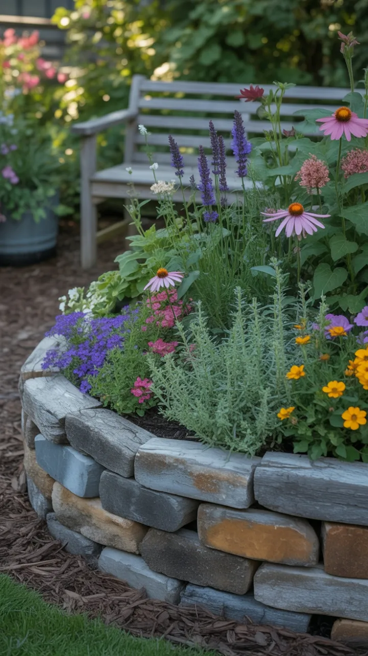 Stone-Bordered Garden Haven Brimming with Color and Calm