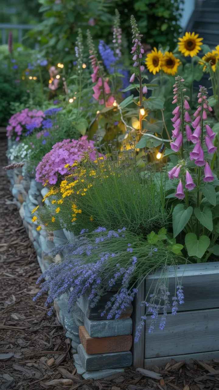 Twilight Garden Oasis With Foxgloves, Sunflowers and Twinkling Lights