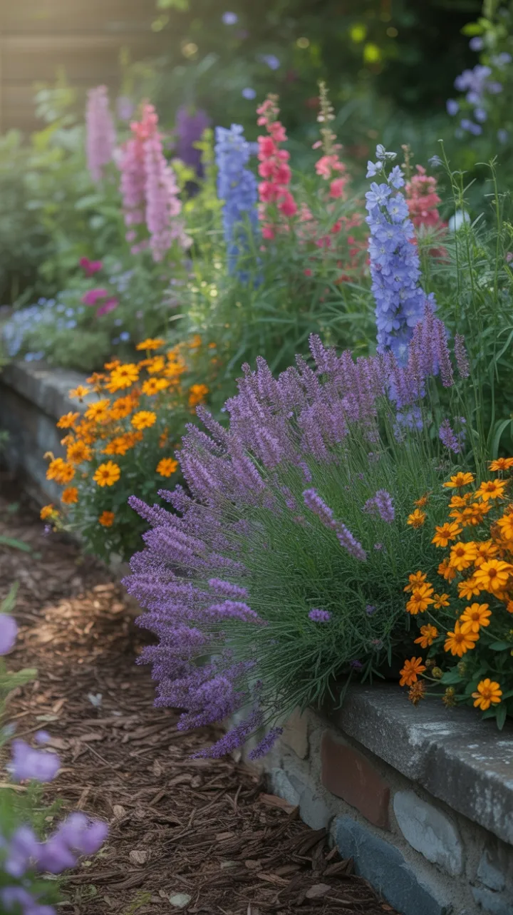 Sunlit Garden Symphony of Lavender, Marigolds, and Delphinium