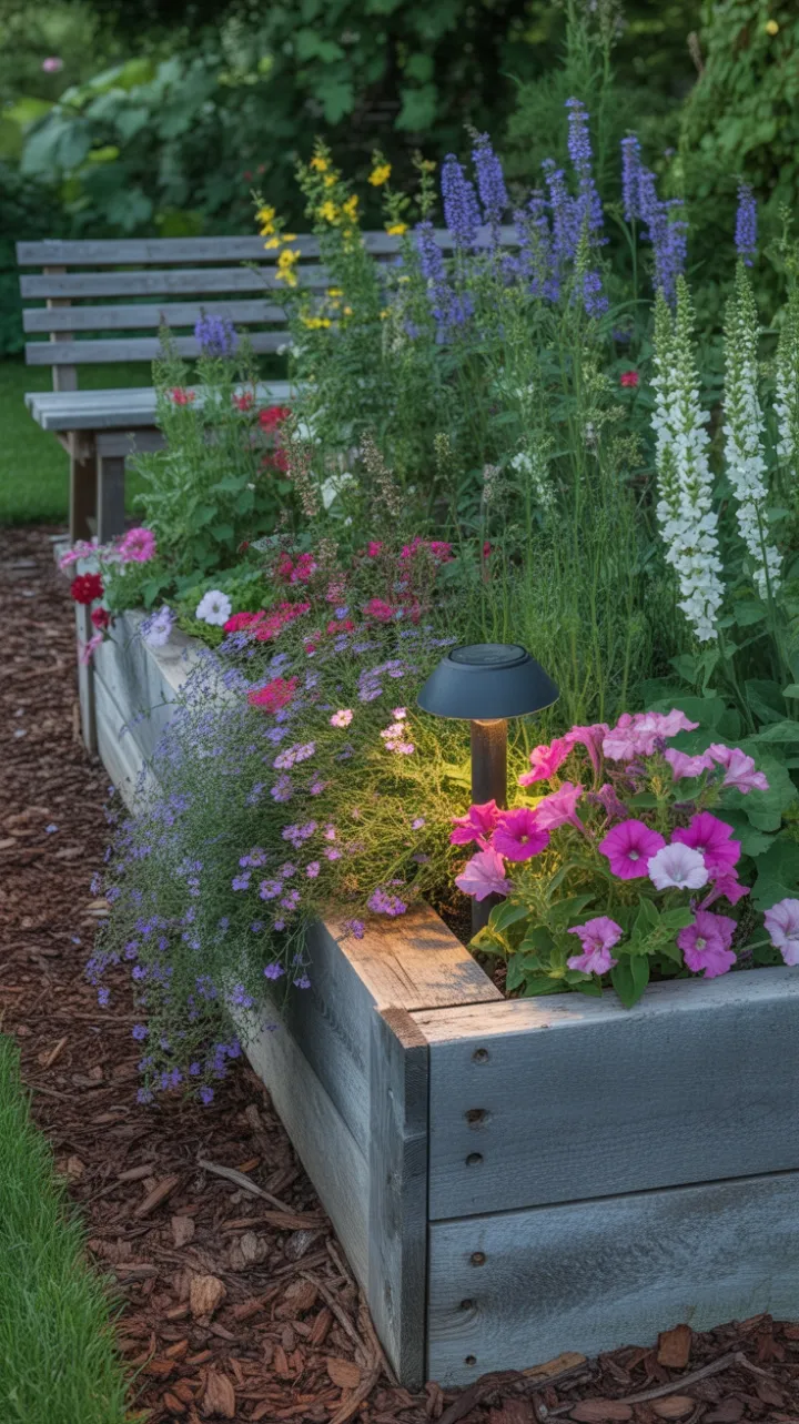 Overflowing Stone Flowerbed of Lavender and Petunias with an Inviting Bench