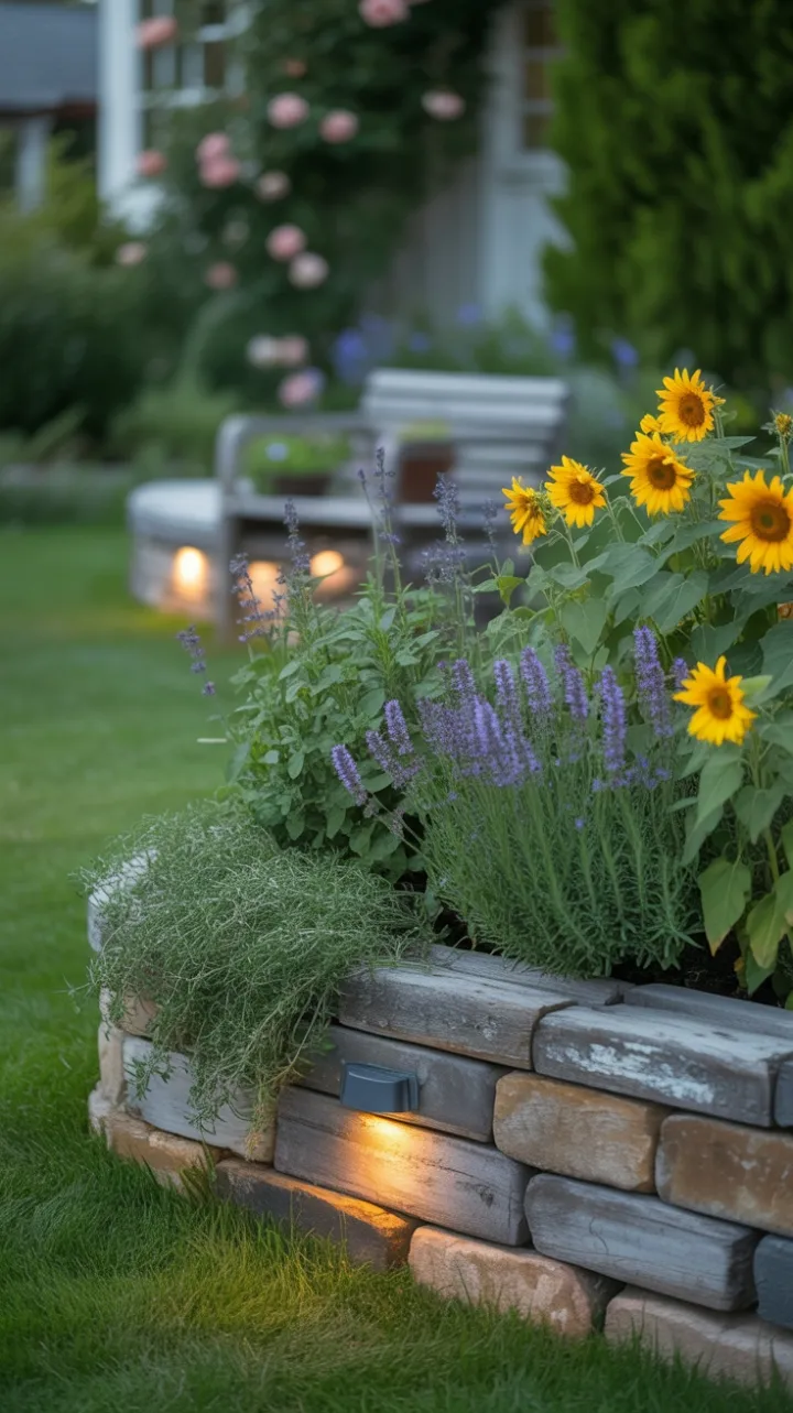 Lavender Glow by the Cottage – Sunflowers, Stone Bed and a Weathered Bench