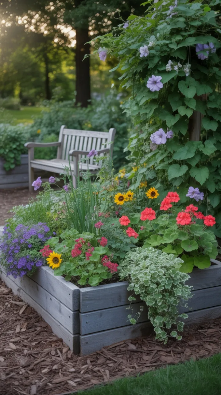 Sunlit Tranquility in a Stone-Bed Garden Overflowing with Color