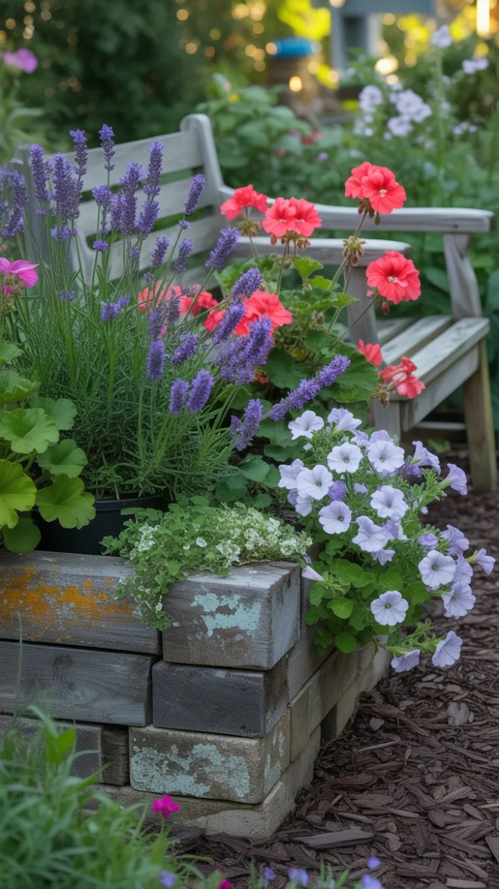 Sunlit Stone Garden Bed Overflowing with Lavender, Geraniums and Petunias