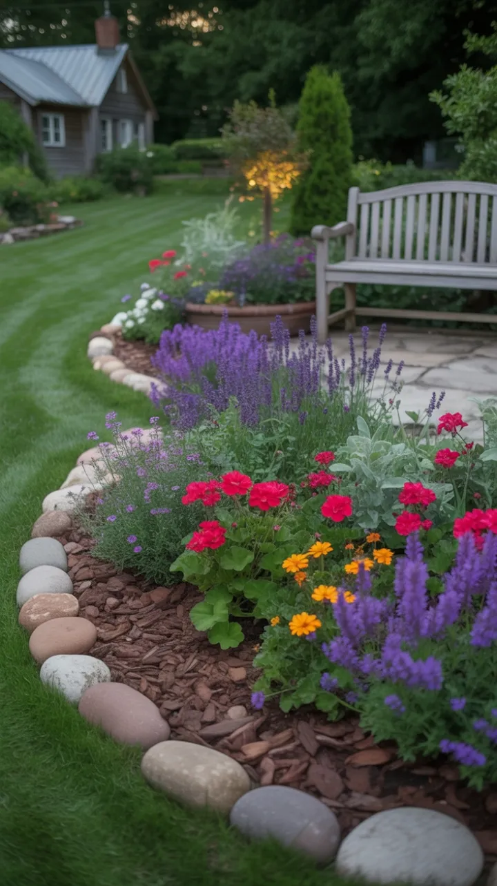Enchanting Cottage Garden Ablaze with Lavender, Geraniums, and Marigolds