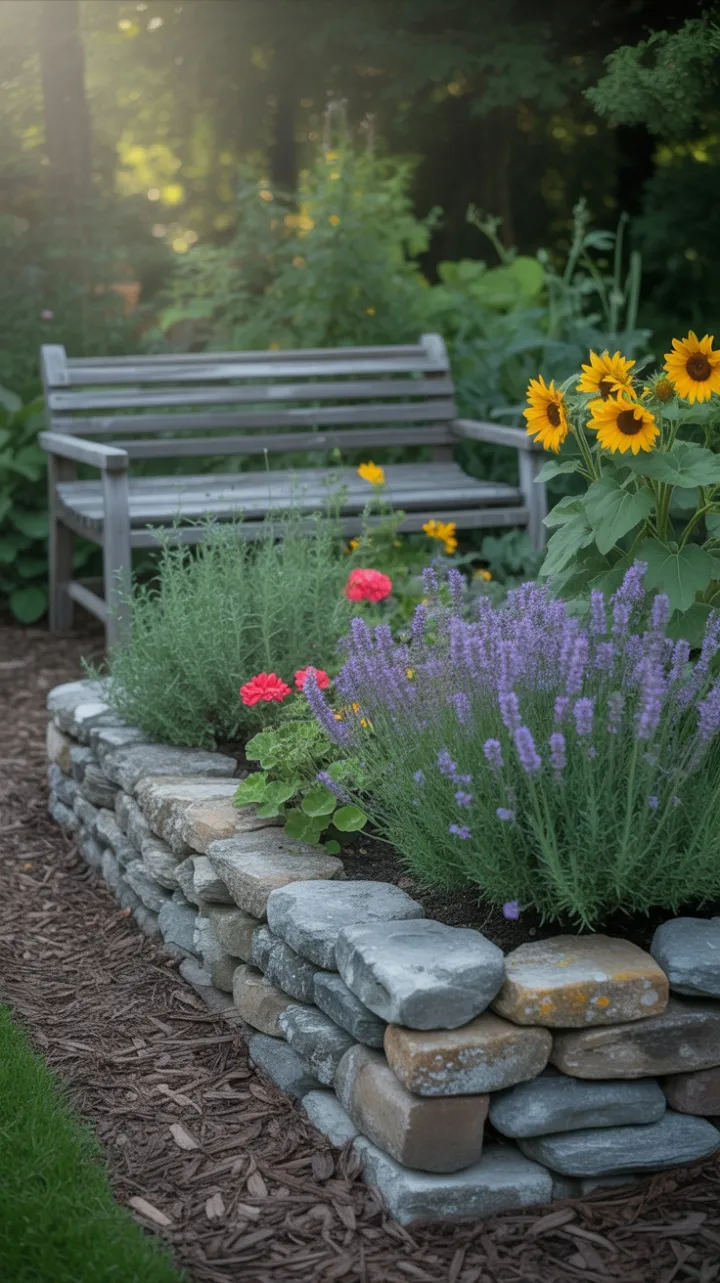 Dappled Sunlight Over a Stone Garden of Lavender, Sunflowers and Geraniums
