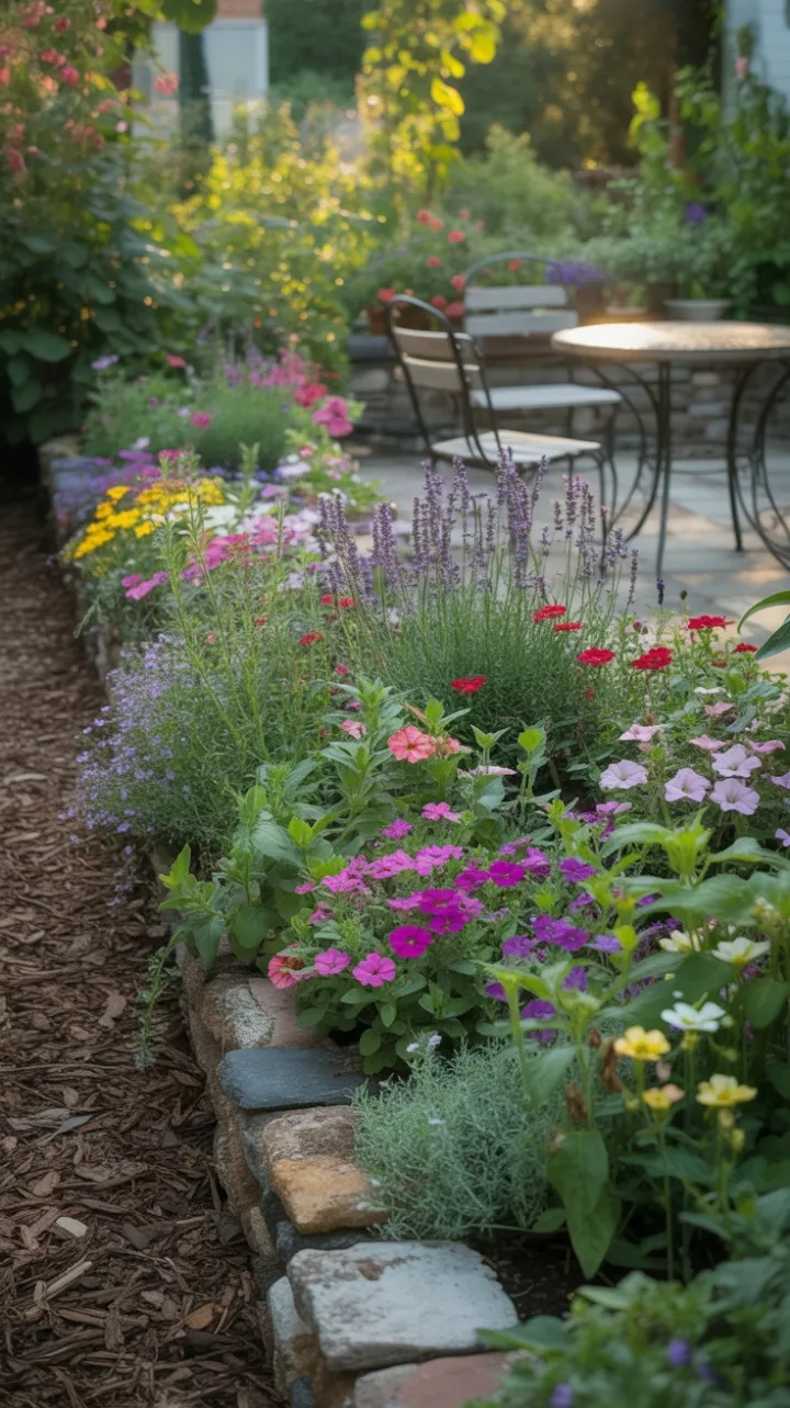 Sunlit Cottage Garden Bursting with Lavender Petunias and Zinnias