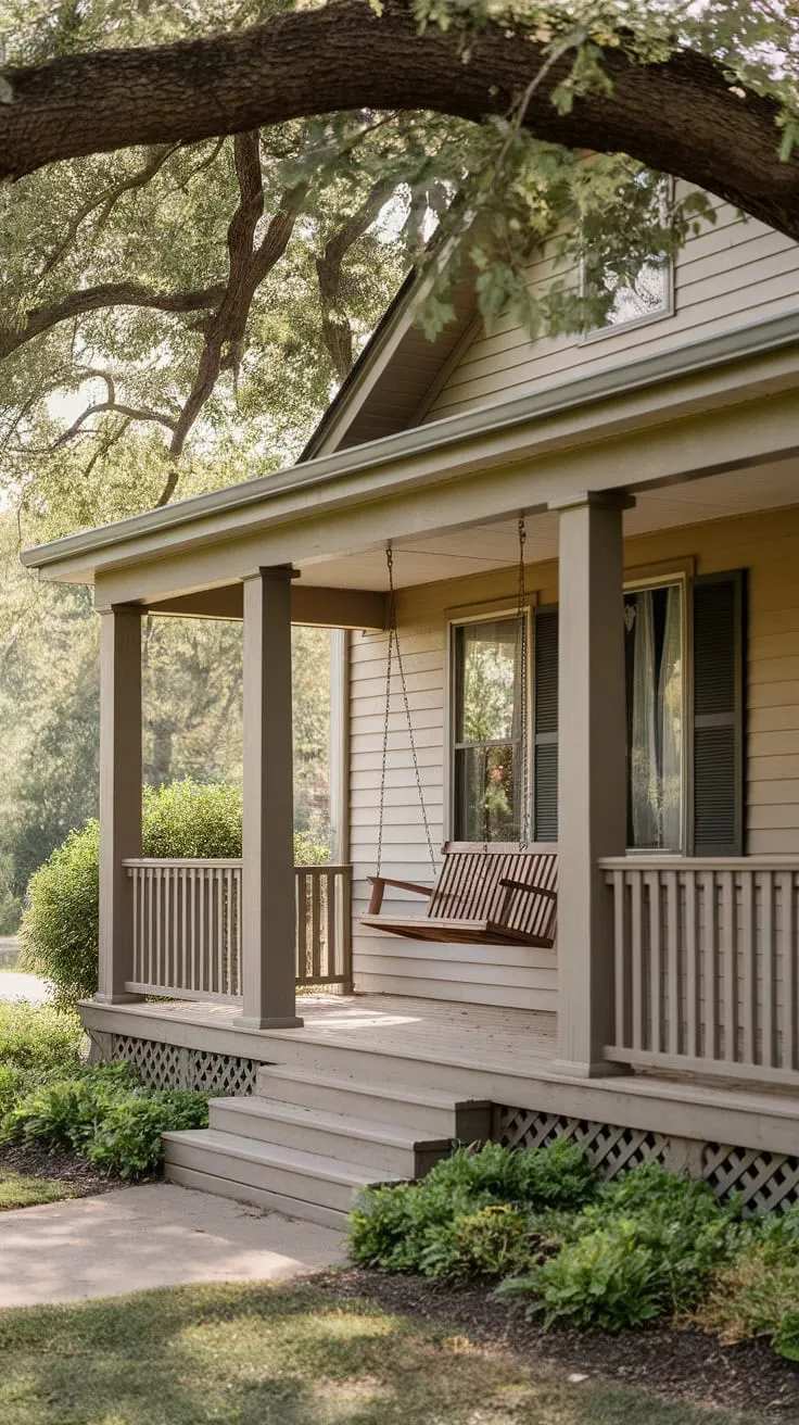 Charming Ranch House Porch with Swing and Shade