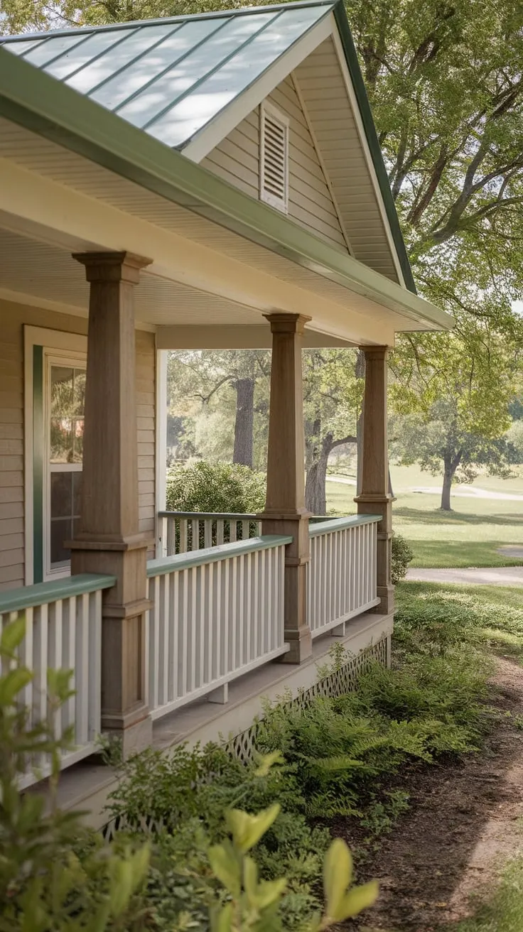 Charming Ranch House Porch Amidst Lush Greenery