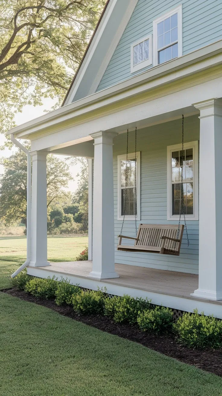 Serene Blue Farmhouse Featuring a Welcoming Porch Swing