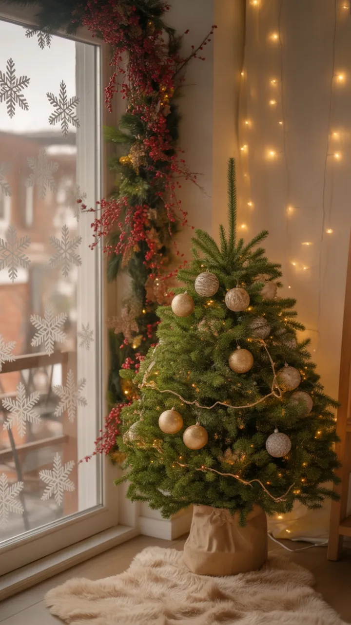 Cozy Christmas Corner with Shimmering Tree, Rustic Wreath, and Snowflake Windows