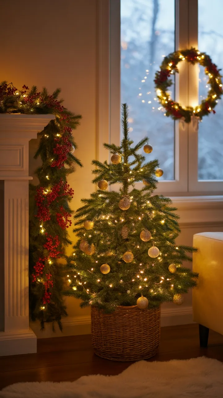 Cozy Christmas Nook with Twinkling Fir and Snow-Kissed Window