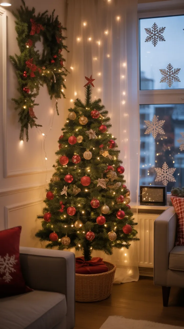 Cozy Christmas Apartment with a Twinkling Red and Gold Tree