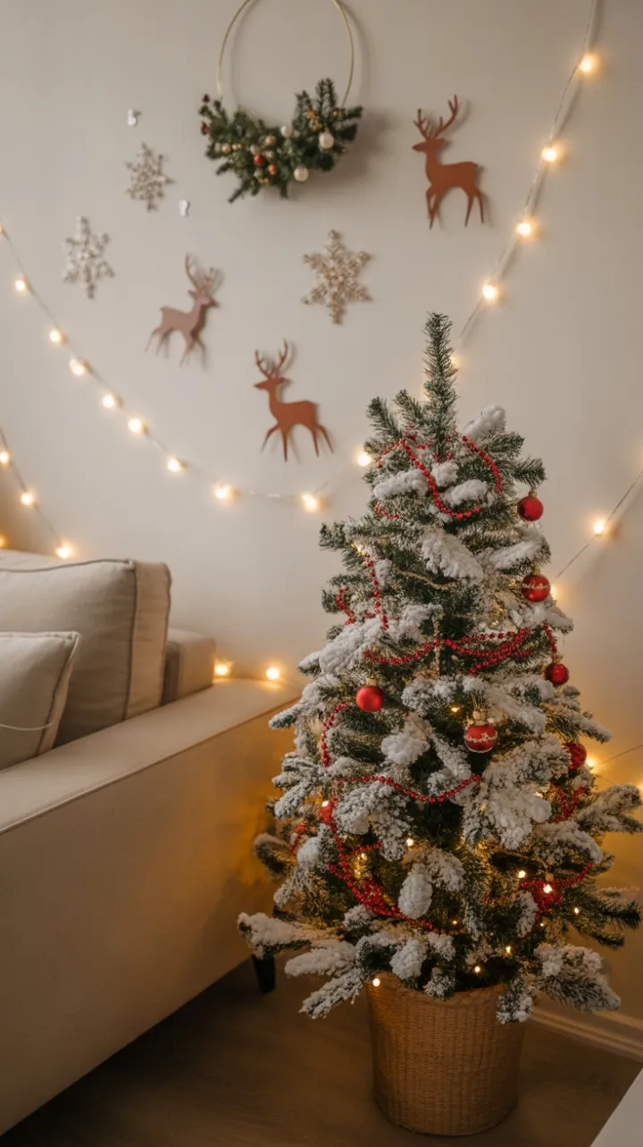 Cozy Christmas Corner with Snow-Dusted Tree and Twinkling Lights
