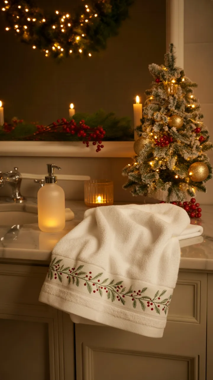 Cozy Holiday Bath Retreat with Holly, Gold, and Candlelight