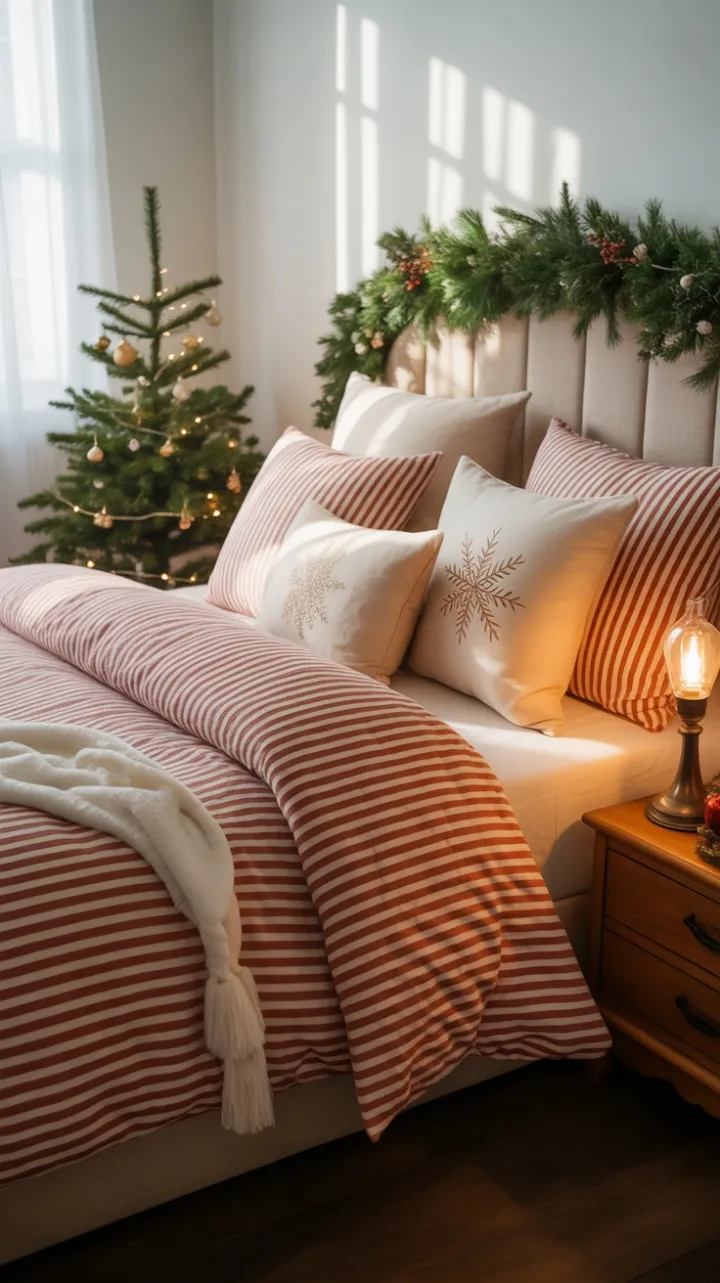 Twinkling Christmas Night in a Cozy Red‑Striped Bedroom