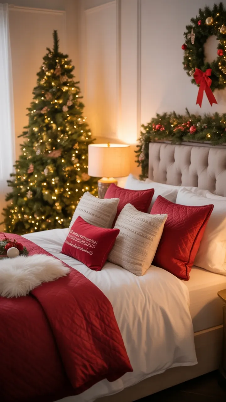 Cozy Christmas Bedroom Retreat with Luxurious Red and White Bedding