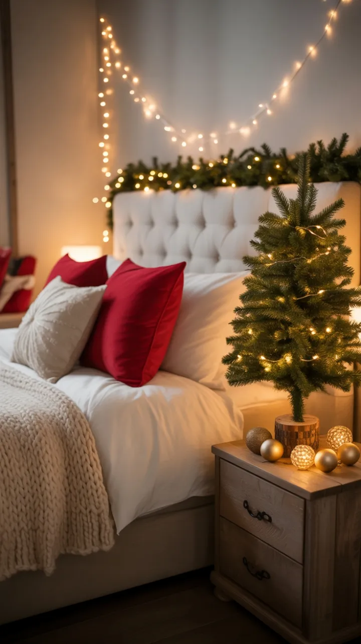 Luxe Holiday Haven with Plush White Bedding and Twinkling Lights