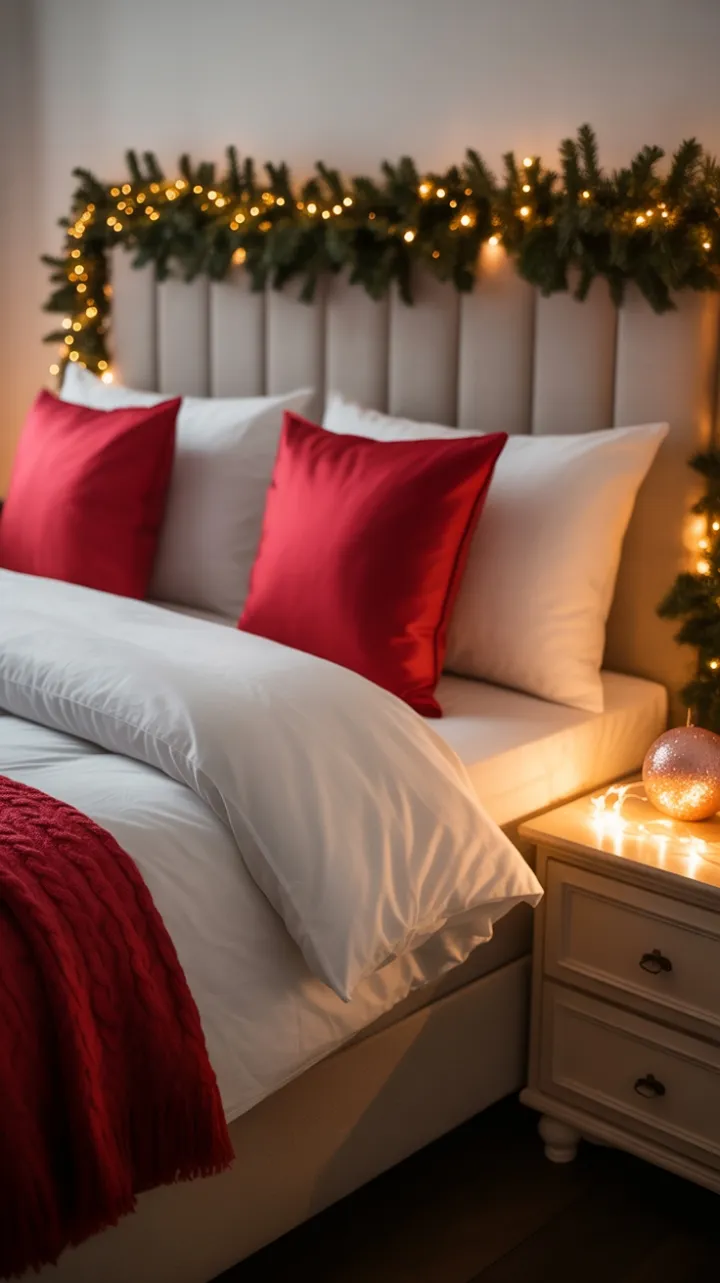 Cozy Christmas Bedroom with Twinkling Lights and Festive Charm