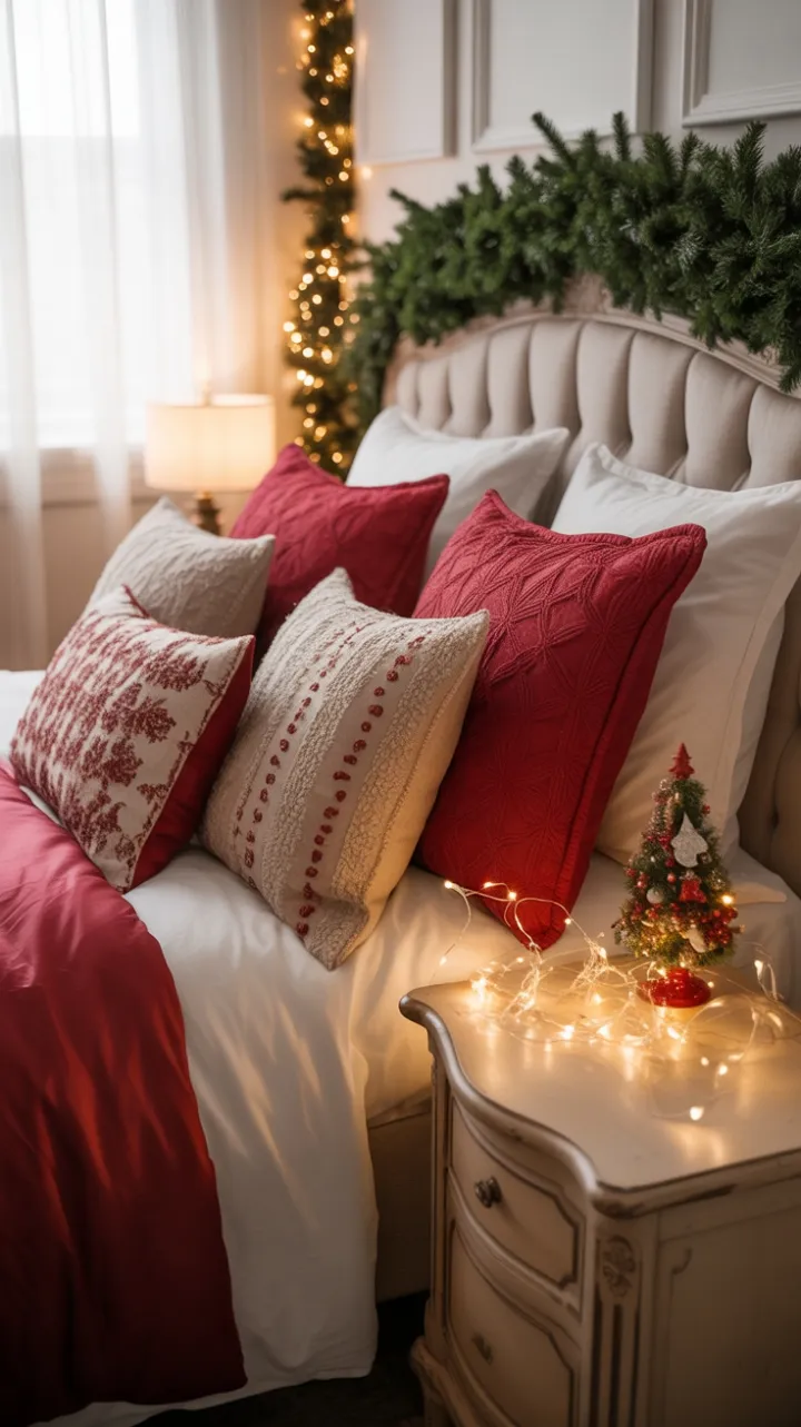 Cozy Christmas Hideaway with Plush Red Bedding and Twinkling Lights