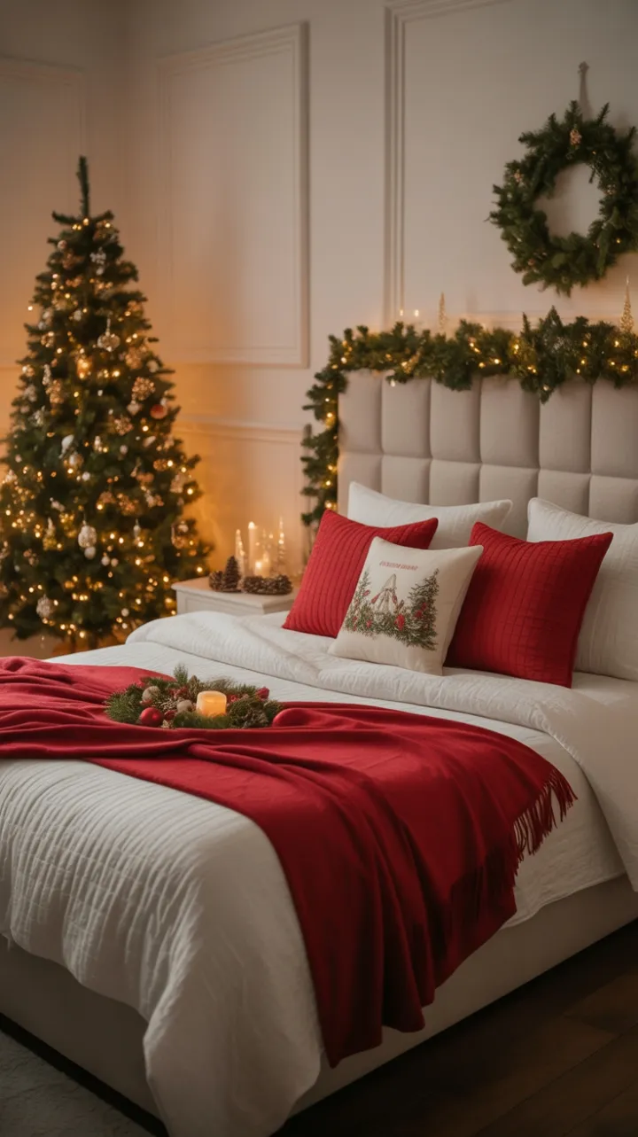 Holiday haven of plush whites, crimson throw, and twinkling lights