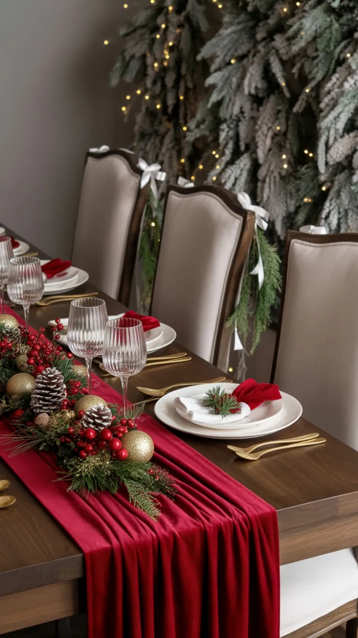 Christmas Table of Velvet, Pinecones, and Golden Glow