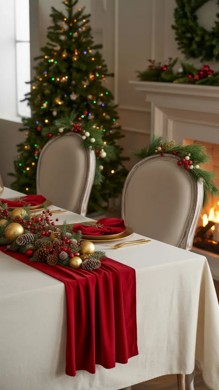 A Cozy Christmas Table Dressed in Red Velvet, Gold, and Pinecones