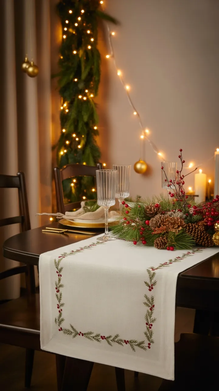 Candlelit Christmas Table Adorned with Pine Berries and Twinkling Lights