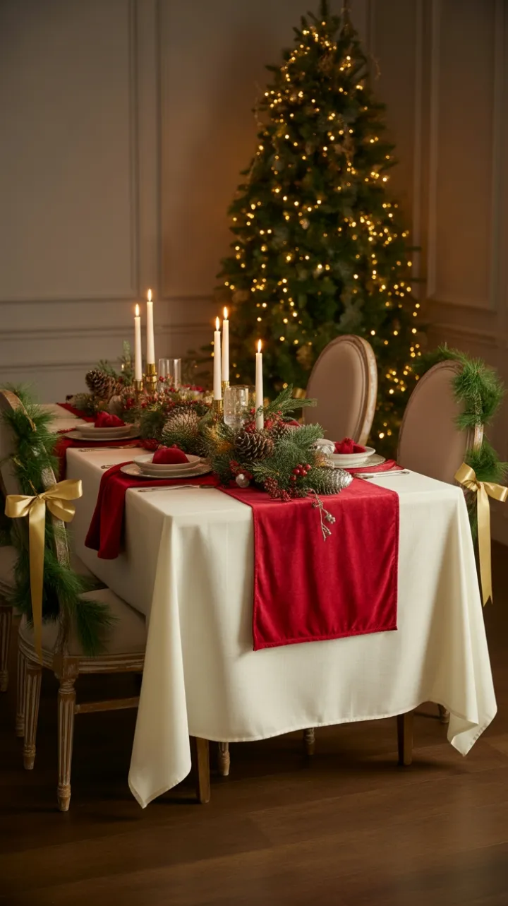 Candlelit Christmas Table Dressed in Velvet, Pines and Gold