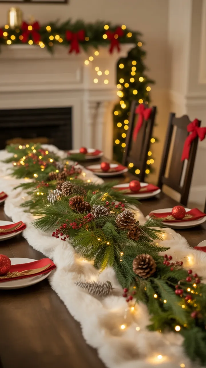 Golden-Glowing Christmas Table Dressed in Pine and Berries