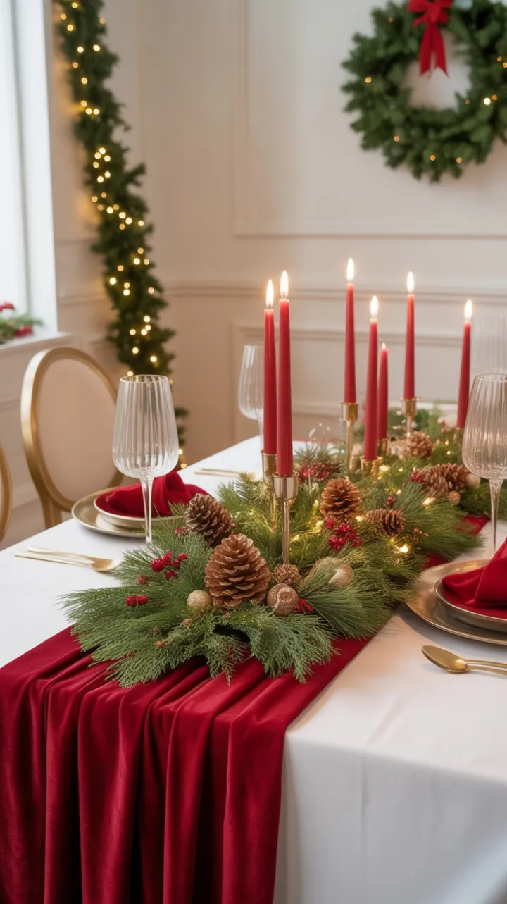 Velvet Runner Holiday Table Bathed in Warm Candlelight