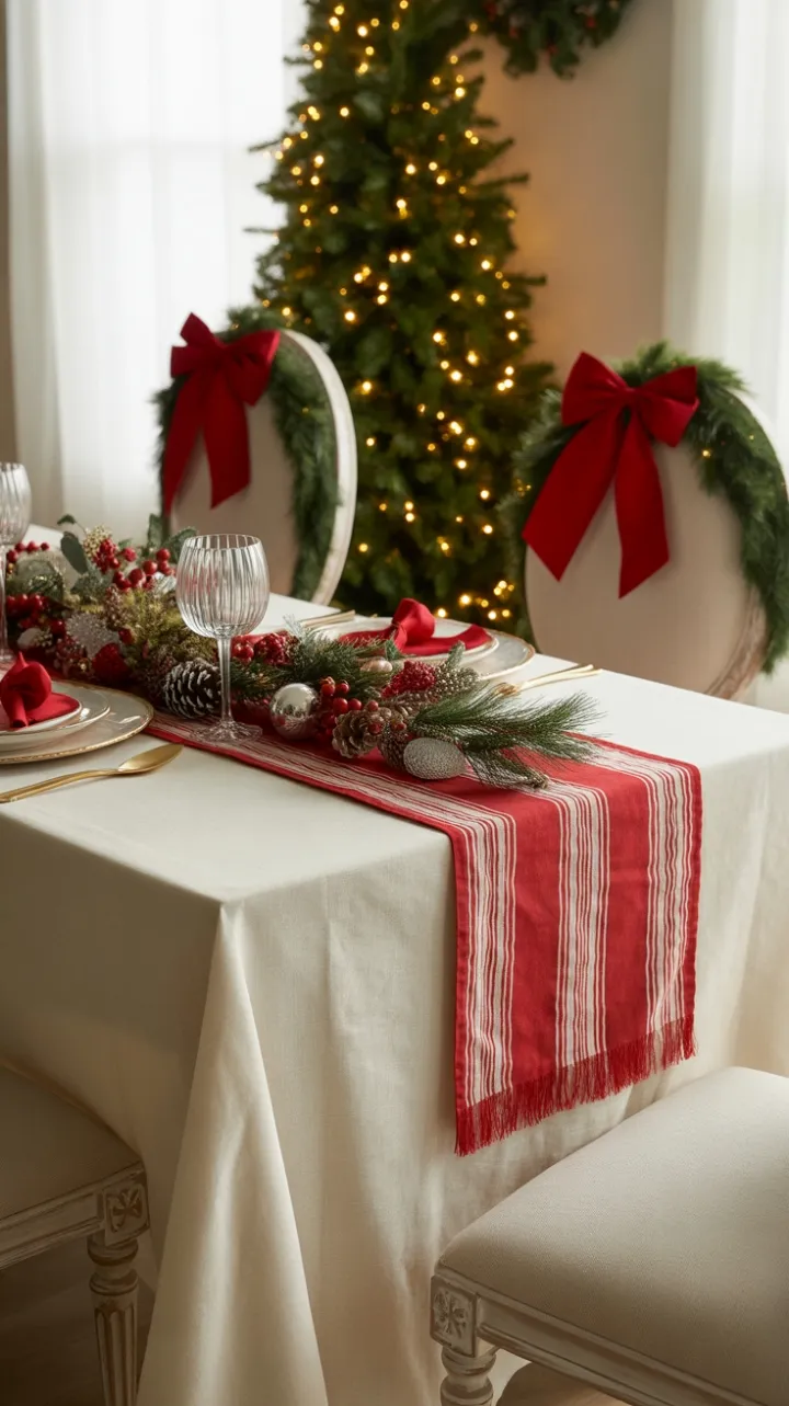 Cozy Christmas Table Dressed in Red, Gold, and Winter Greens