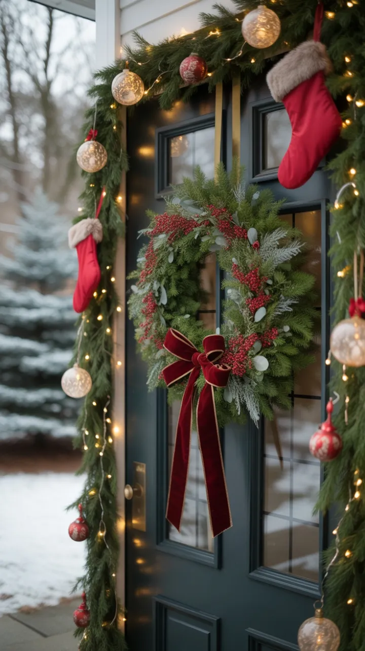 Velvet Bow and Twinkling Lights on a Snow-Dusted Holiday Door