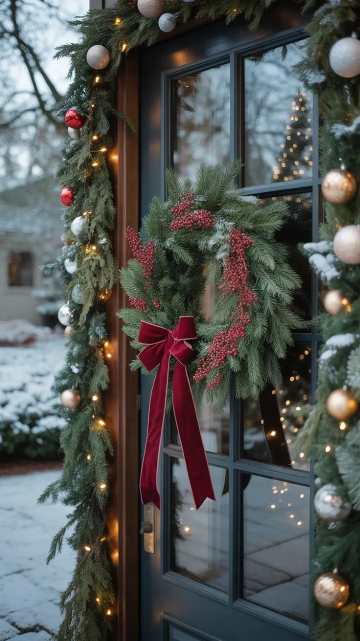 Crimson Bow and Twinkling Lights on a Snow‑Kissed Holiday Door