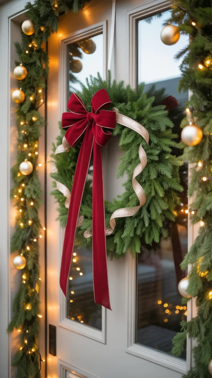 Cozy Holiday Doorway Dressed in Velvet Bow, Gold Ornaments, and Twinkling Lights