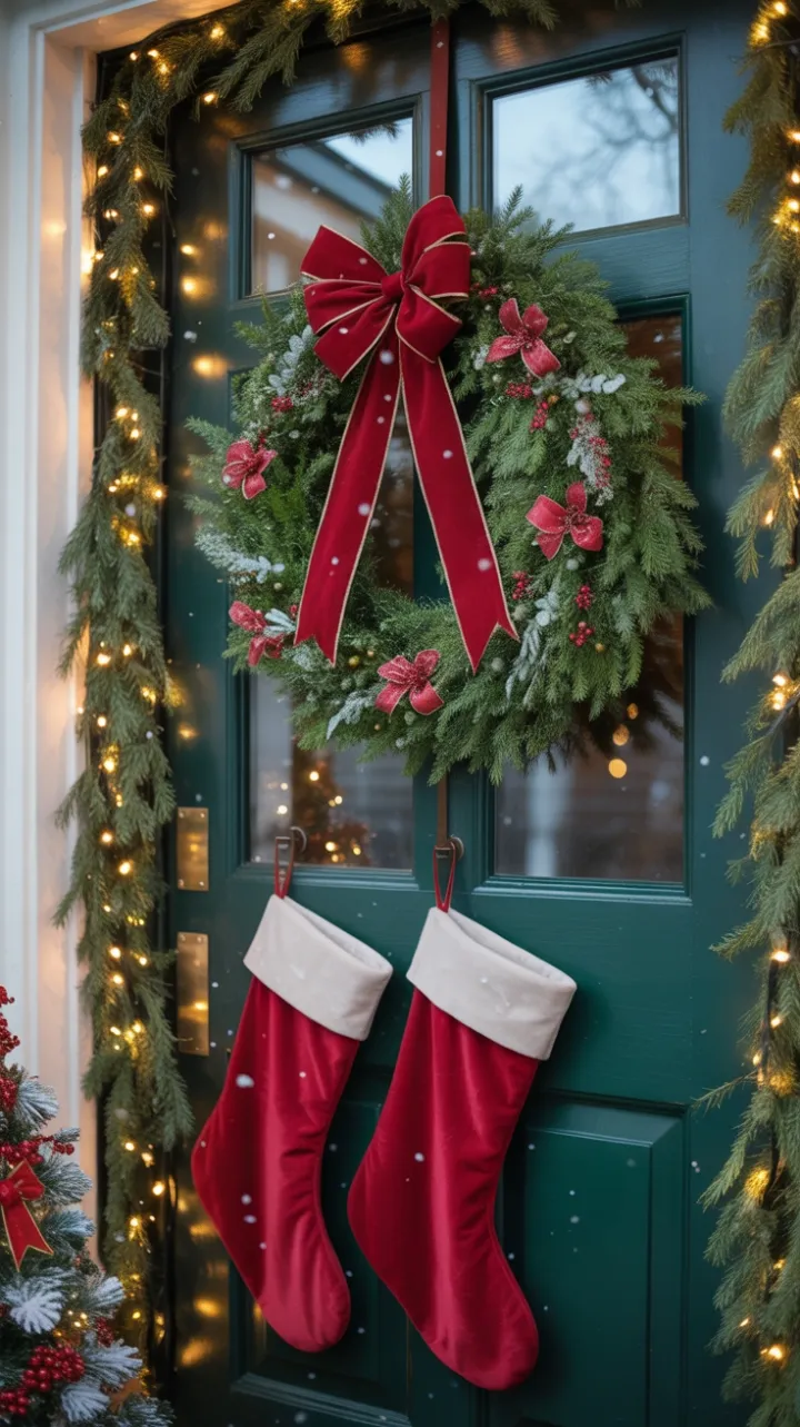 Snow-Kissed Welcome with Velvet Bow and Twinkling Lights