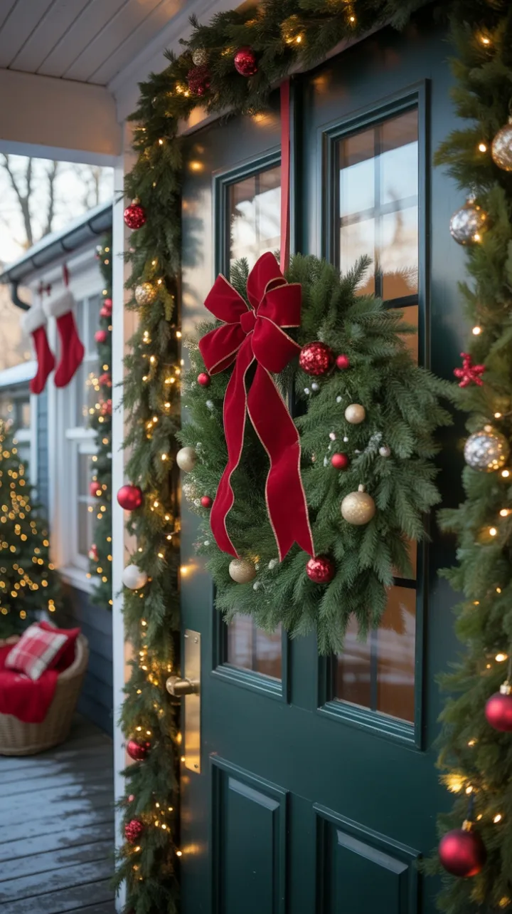 Sunlit Holiday Welcome with Velvet Bow and Twinkling Lights