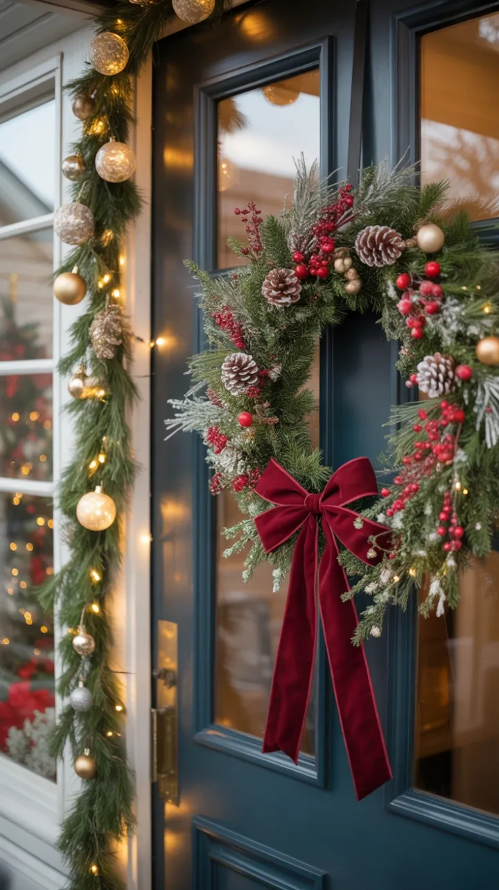 Hearthside Welcome with Burgundy Bow and Twinkling Lights