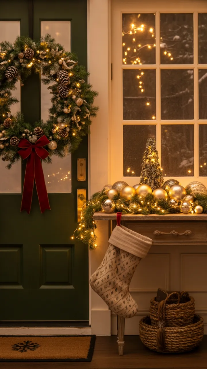 Snow-Kissed Doorway Wrapped in Holiday Glow