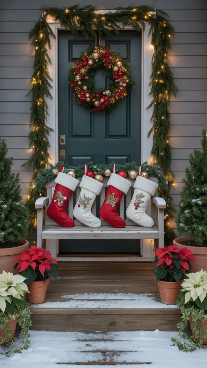 Snow-Kissed Welcome on a Rustic Christmas Porch