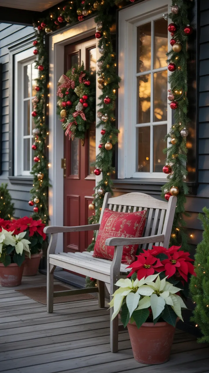 Sunset Glow Christmas Porch with Garland Poinsettias and Warm Lights